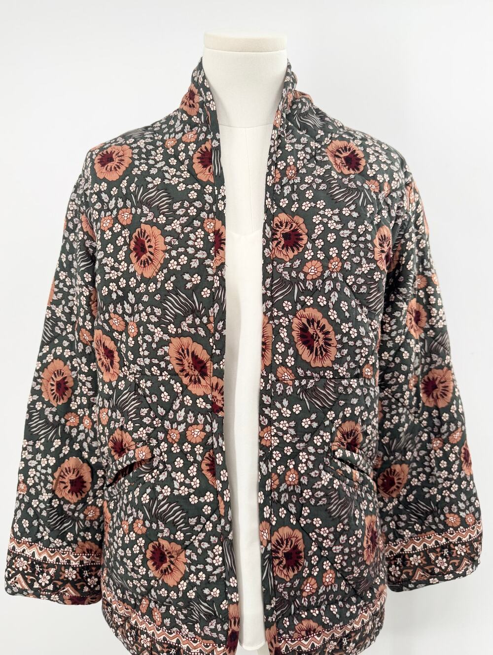 Natalie Martin Green Floral Quilted Jacket Kimono Open Boho Blazer XS